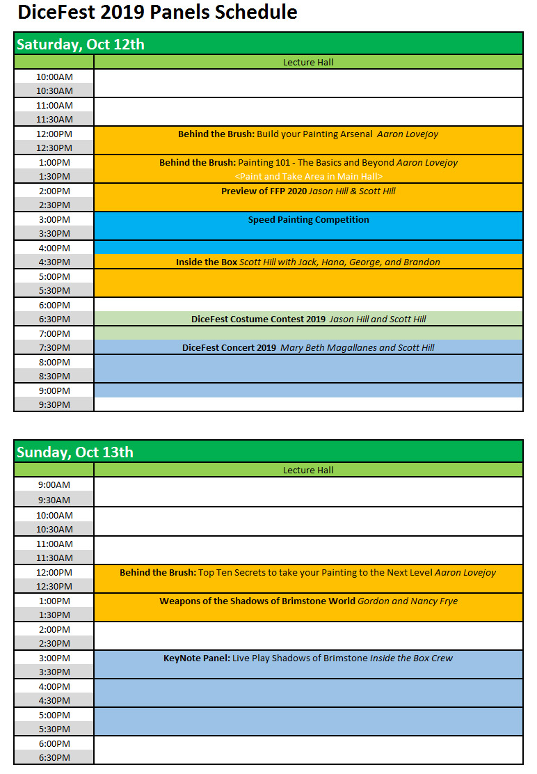 DiceFest 2019 Panel Schedule